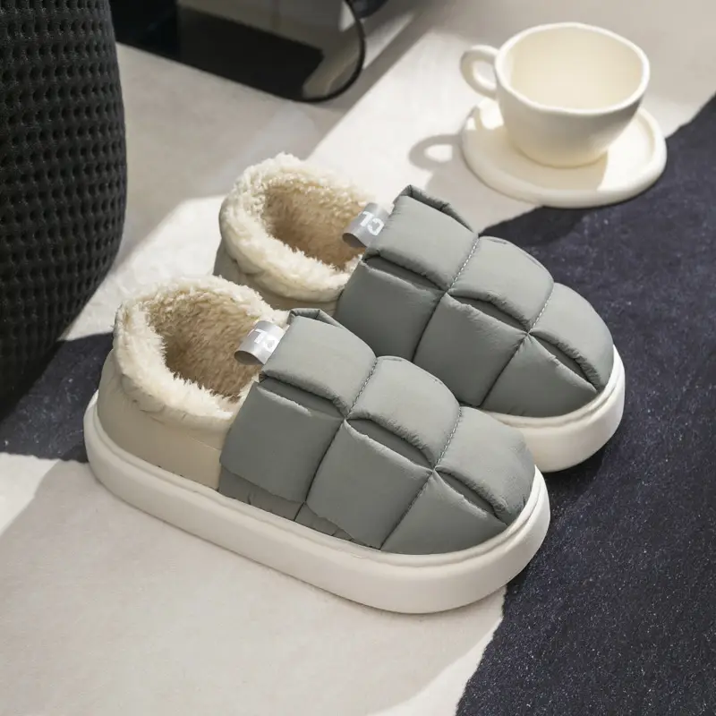 Down cotton slippers women's winter warm thick bottom fleece-lined waterproof indoor home simple cotton shoes Autumn lunar November shoes