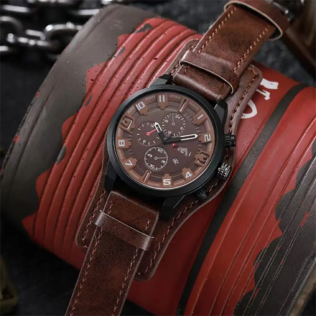 Ka Ren Men's Large Dial Belt Watch Brown Leather — feature 3