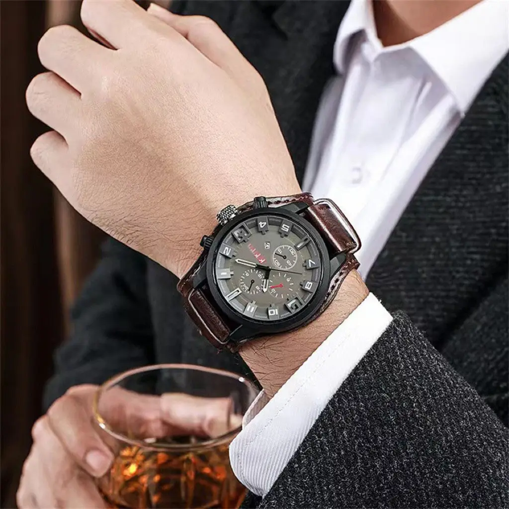 Ka Ren Men's Large Dial Belt Watch Brown Leather — feature 5