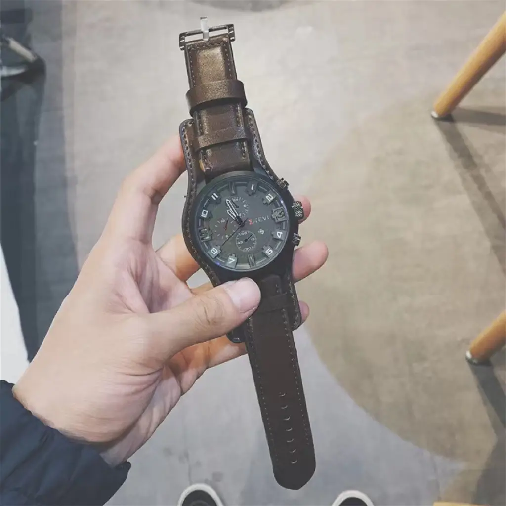 Ka Ren Men's Large Dial Belt Watch Brown Leather — feature 9