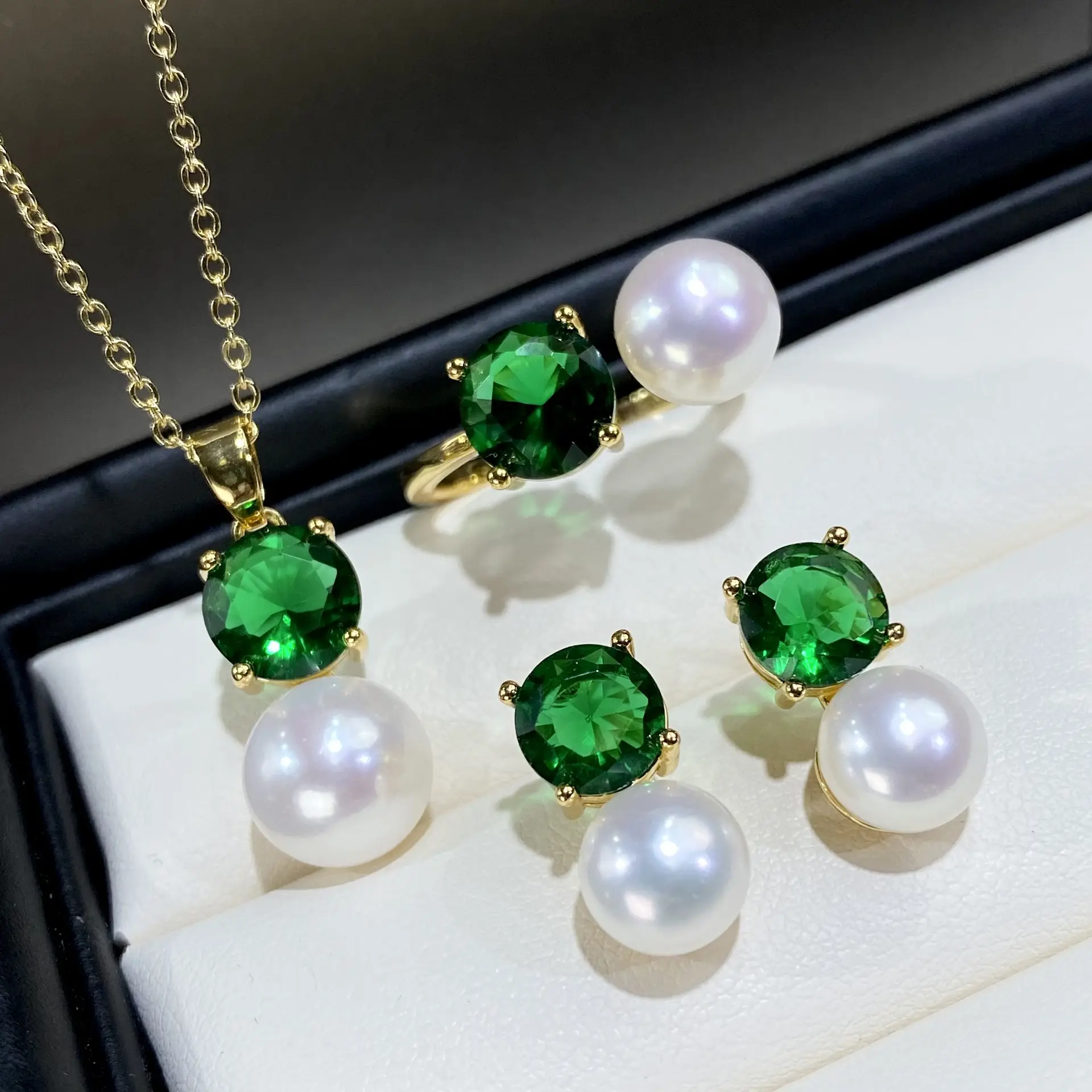 2025 Freshwater Pearl Green Zircon Ring Earrings Pendant Set - Image 3