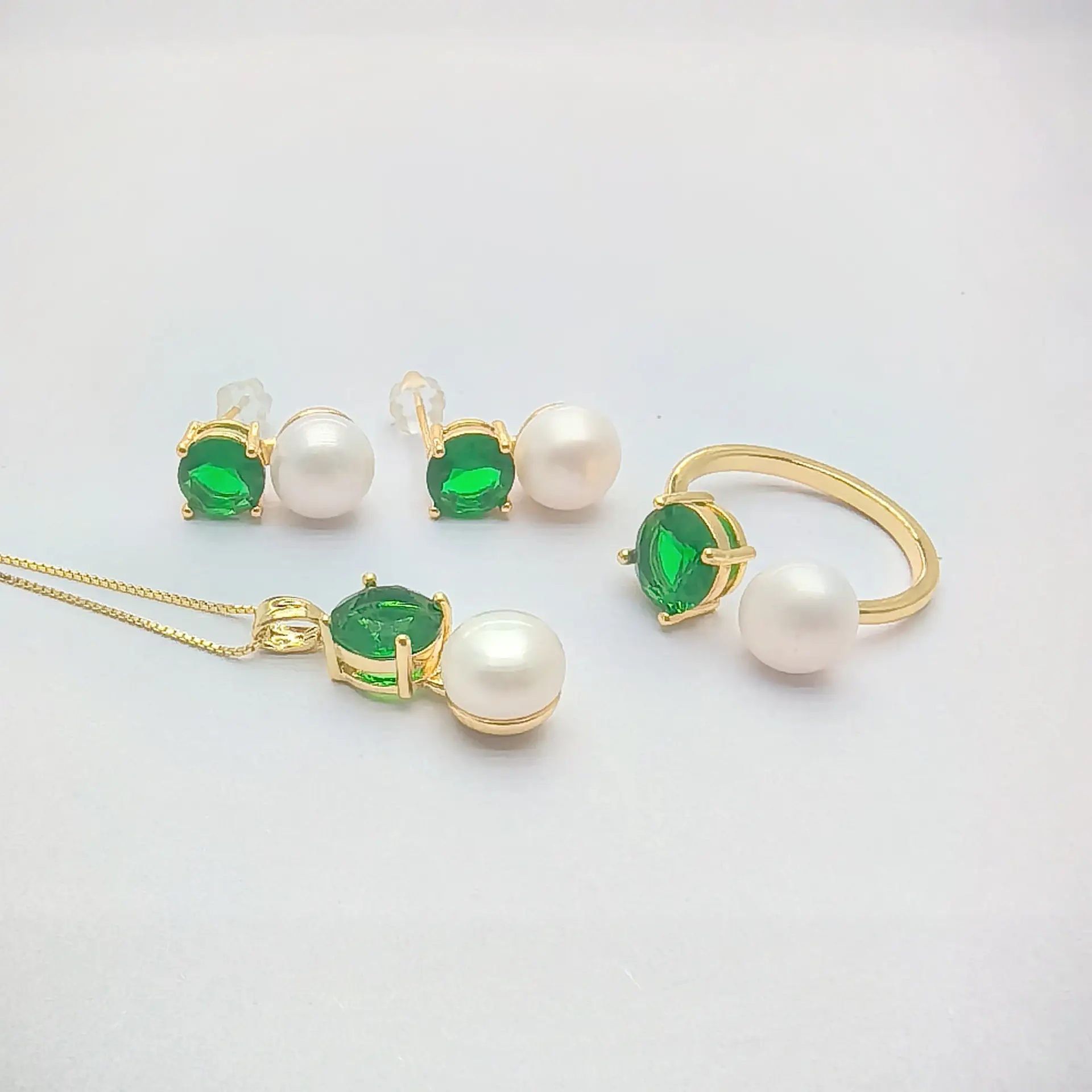 2025 Freshwater Pearl Green Zircon Ring Earrings Pendant Set - Image 5