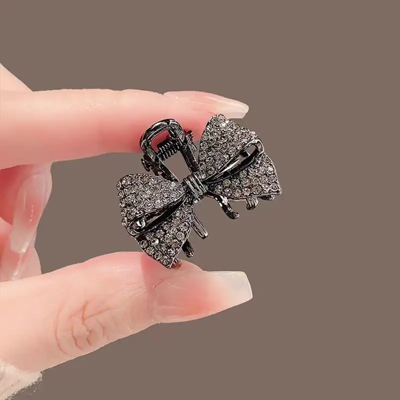 Black Rhinestone Shark Clip Bow Hairpin - Image 5