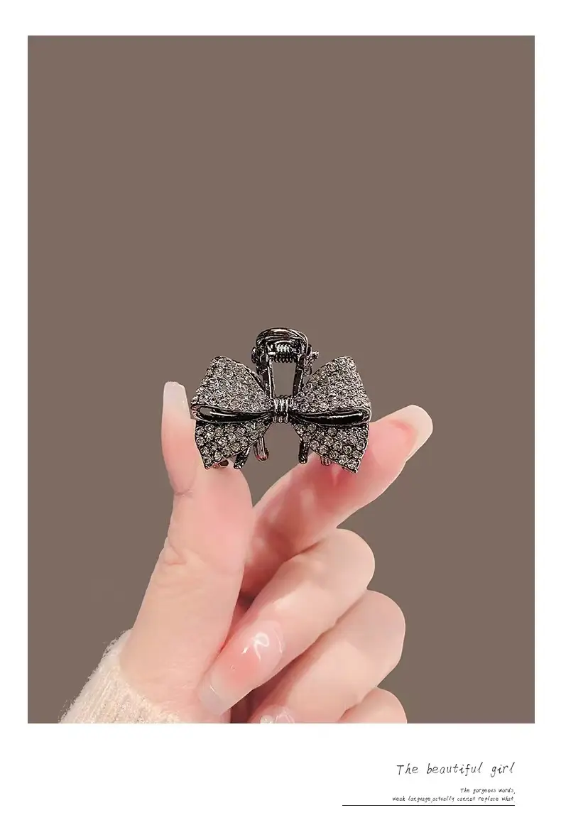 Black Rhinestone Shark Clip Bow Hairpin — feature 1
