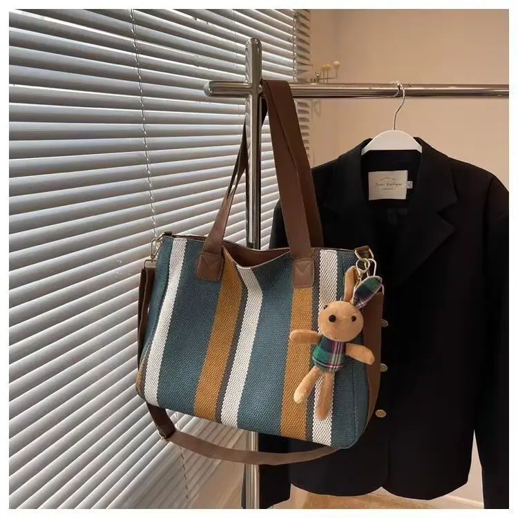 2025 New Trendy Multi-Layer Canvas Shoulder Bag with Bunny Keychain — feature 20