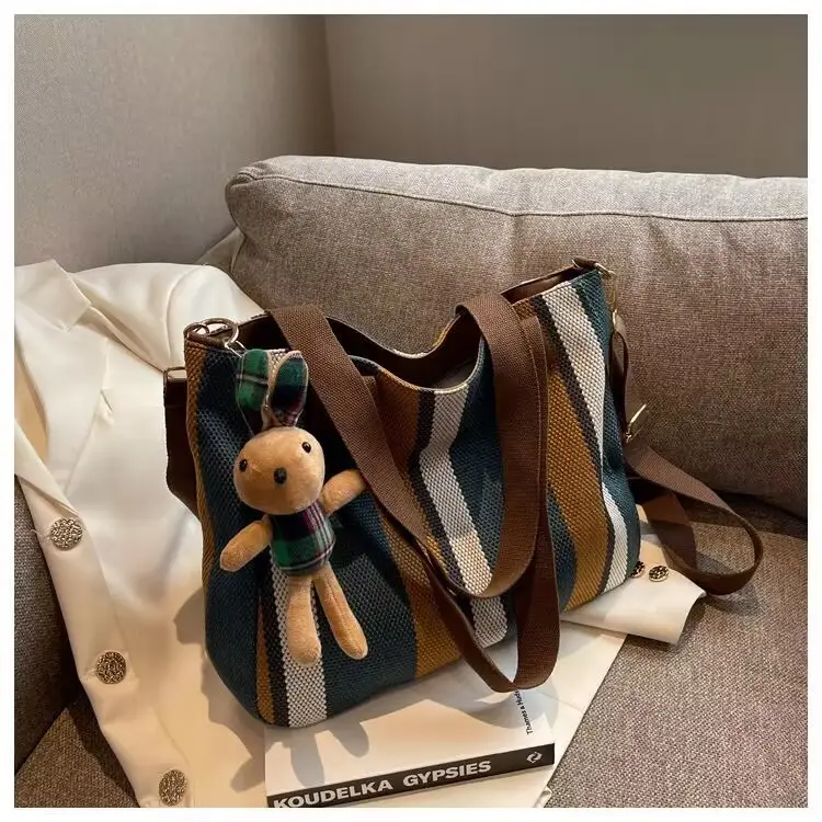 2025 New Trendy Multi-Layer Canvas Shoulder Bag with Bunny Keychain — feature 23