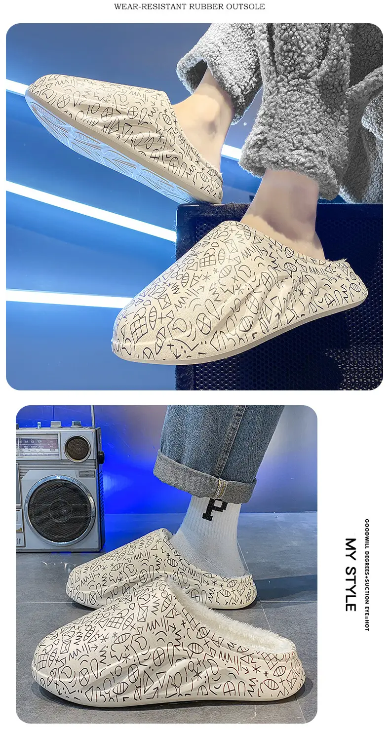 Cotton slippers men's winter indoor home fleece-lined warm waterproof thick bottom cotton slippers closed toe loafers plush slippers — feature 12