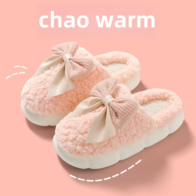 Cotton Slippers for Women Autumn and Winter 2025 New Indoor Home Thick-Soled Warm Home Bow Plush Slippers