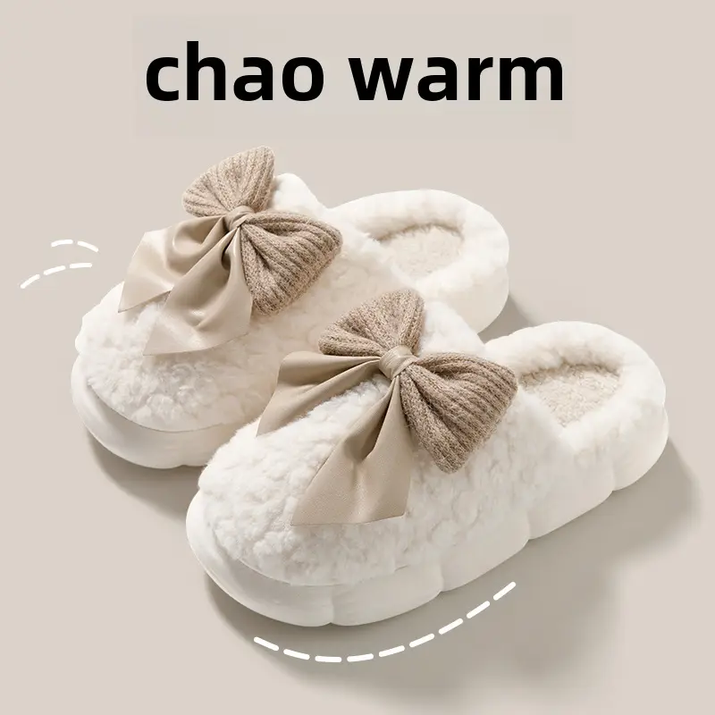 Cotton Slippers for Women Autumn and Winter 2025 New Indoor Home Thick-Soled Warm Home Bow Plush Slippers