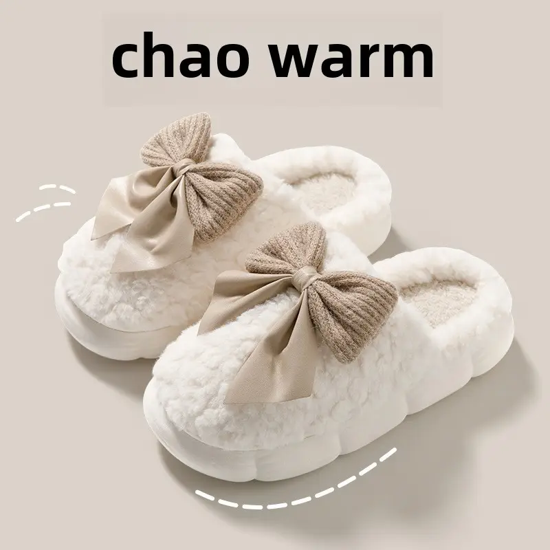 Cotton Slippers for Women Autumn and Winter 2025 New Indoor Home Thick-Soled Warm Home Bow Plush Slippers