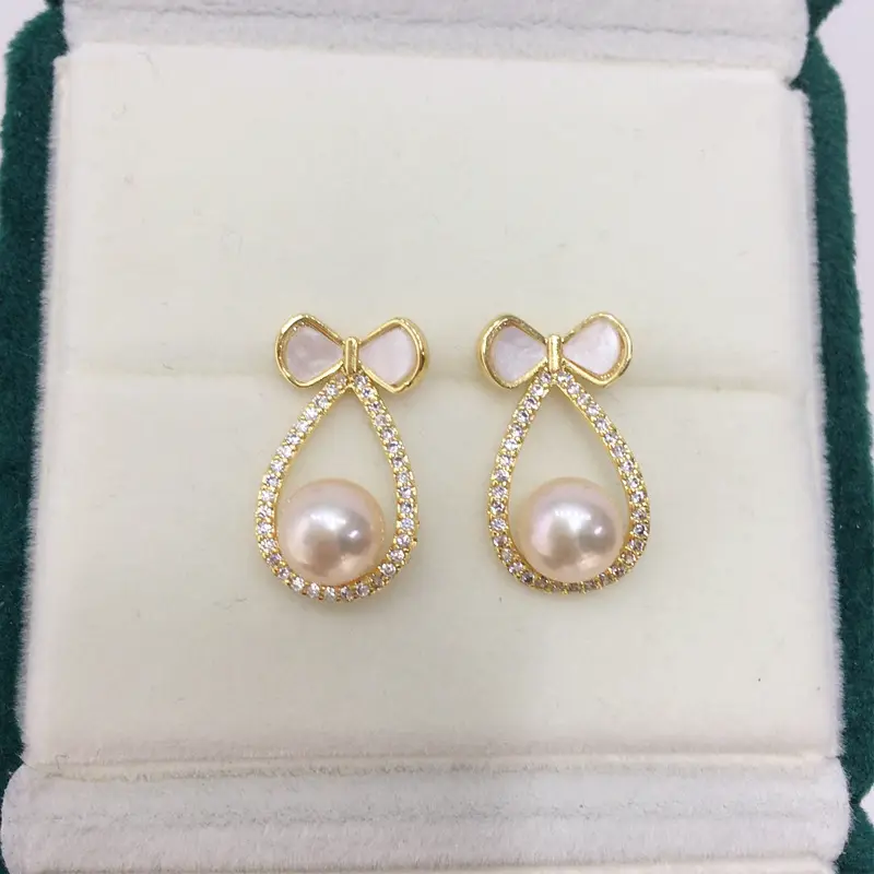 Zhuji Pearl Earrings 18K Gold Filled Sweet Bow Design - Image 3