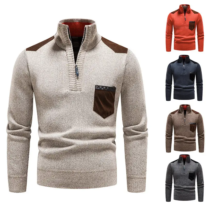 Men Grey Knit Hooded Zip Pullover Sweater