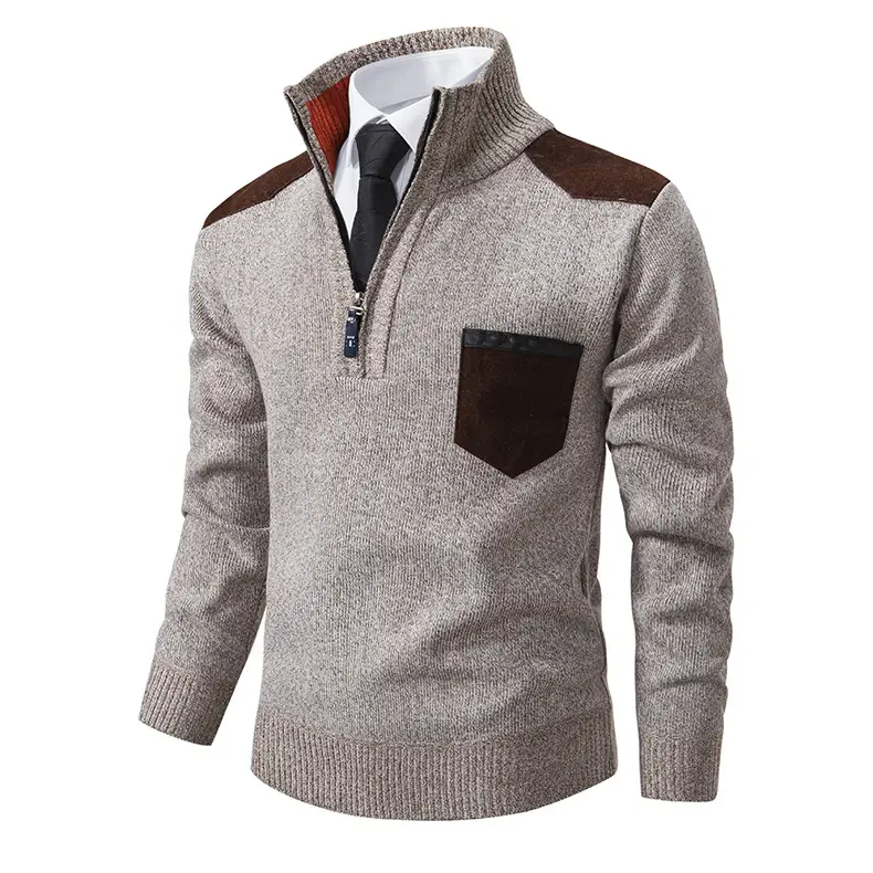 Men Grey Knit Hooded Zip Pullover Sweater