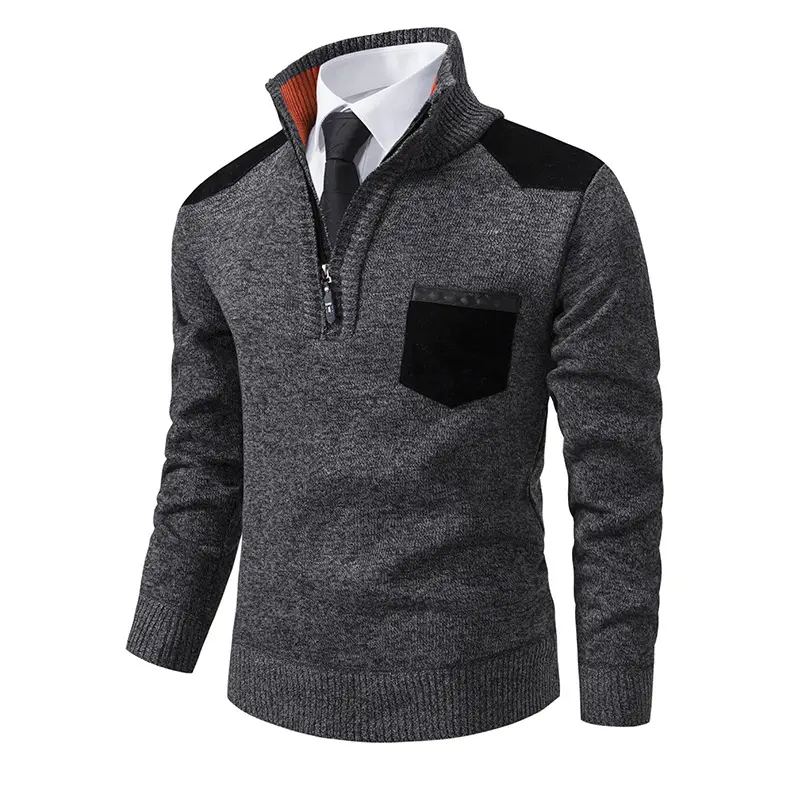 Men Grey Knit Hooded Zip Pullover Sweater