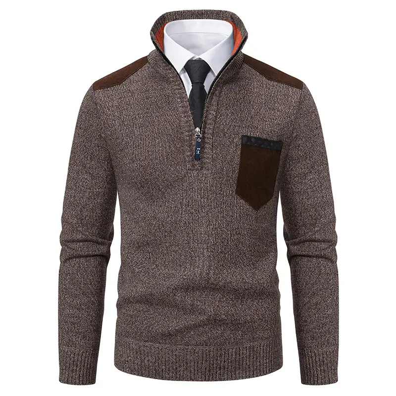 Men Grey Knit Hooded Zip Pullover Sweater