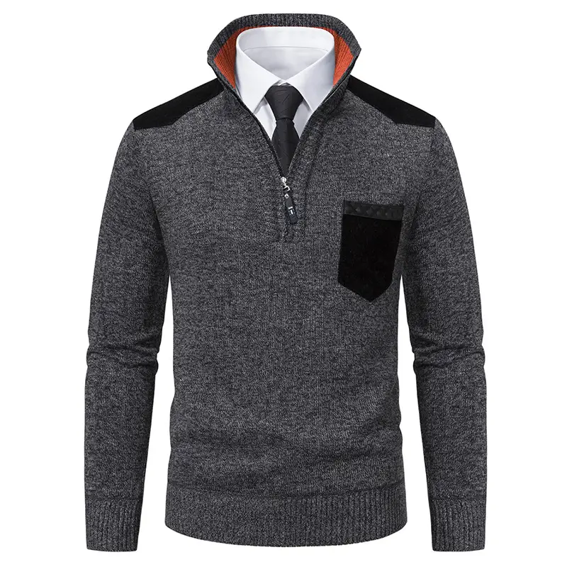 Men Grey Knit Hooded Zip Pullover Sweater
