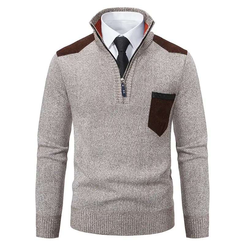 Men Grey Knit Hooded Zip Pullover Sweater