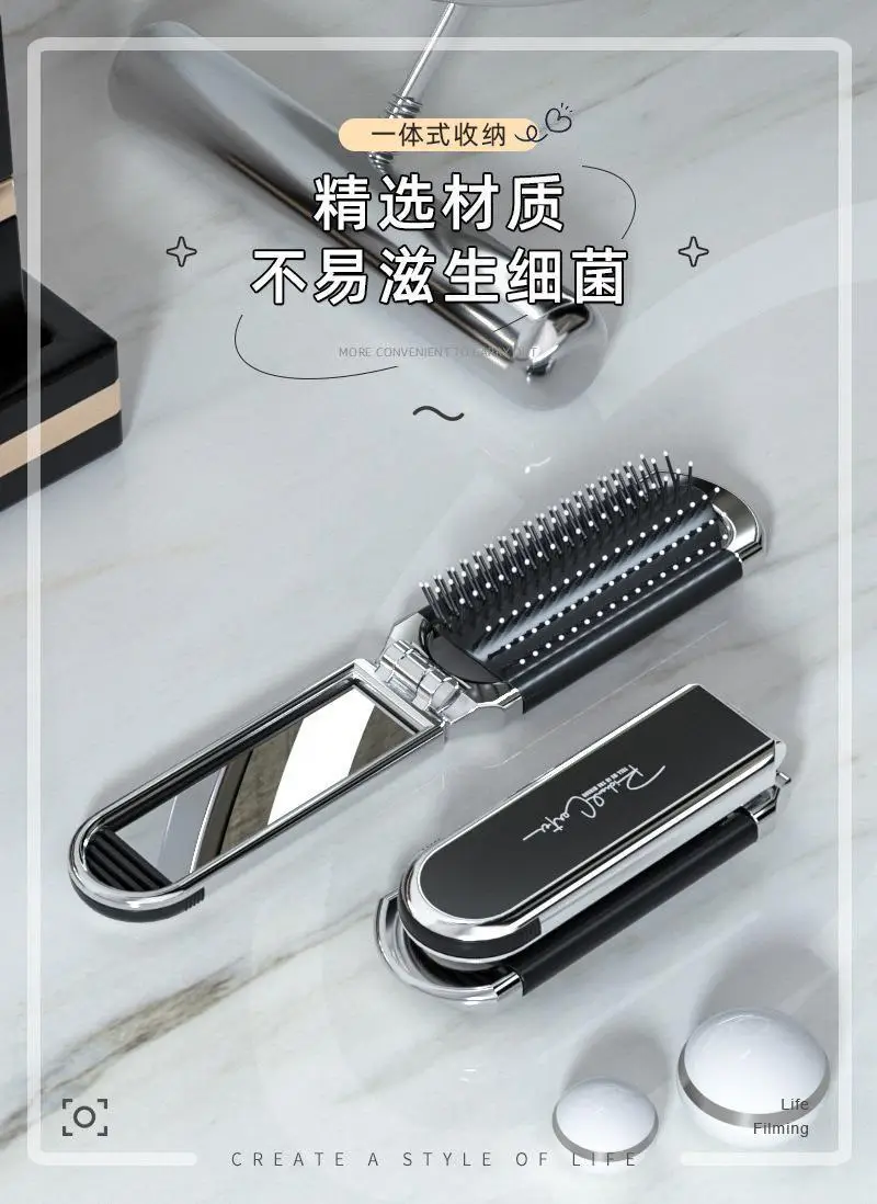 Folding Hair Brush Mirror Portable Air Cushion Comb — feature 8