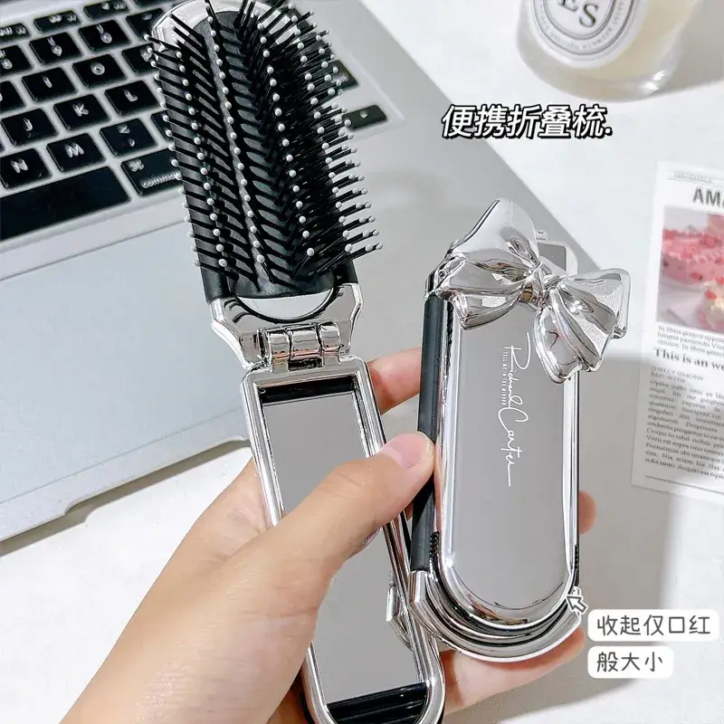 Folding Hair Brush Mirror Portable Air Cushion Comb - Image 2