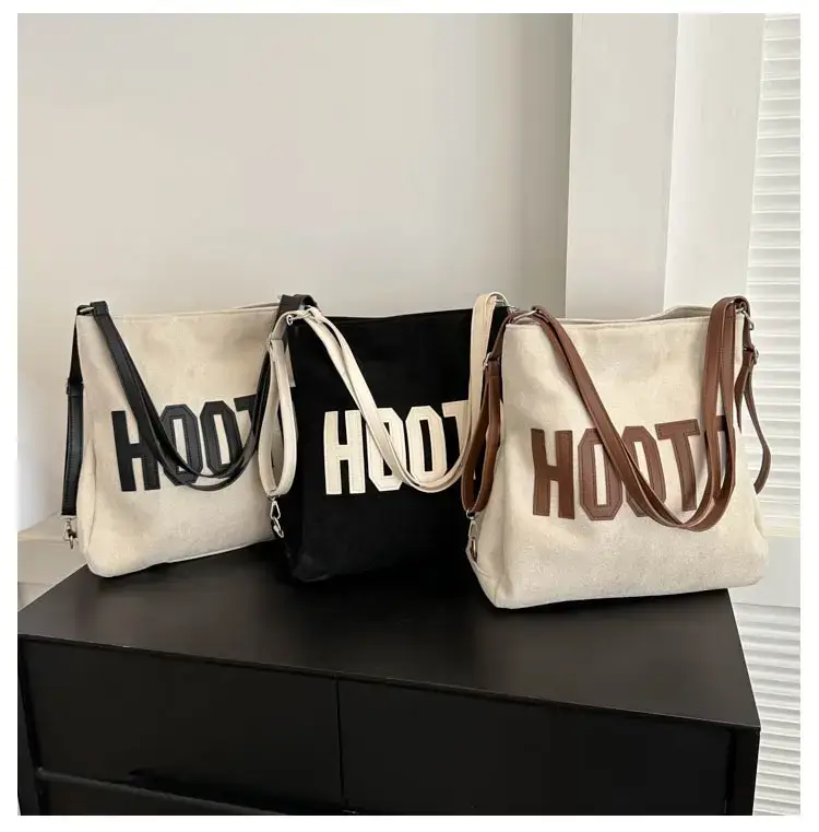 Textured Canvas Shoulder Bag Black White 2023 - Image 4