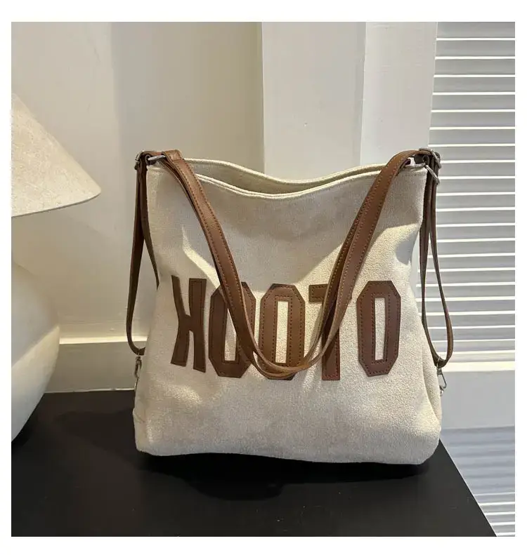 Textured Canvas Shoulder Bag Black White 2023 - Image 5