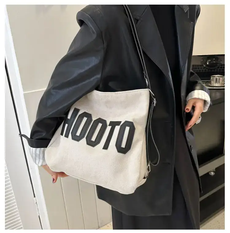 Textured Canvas Shoulder Bag Black White 2023 - Image 6