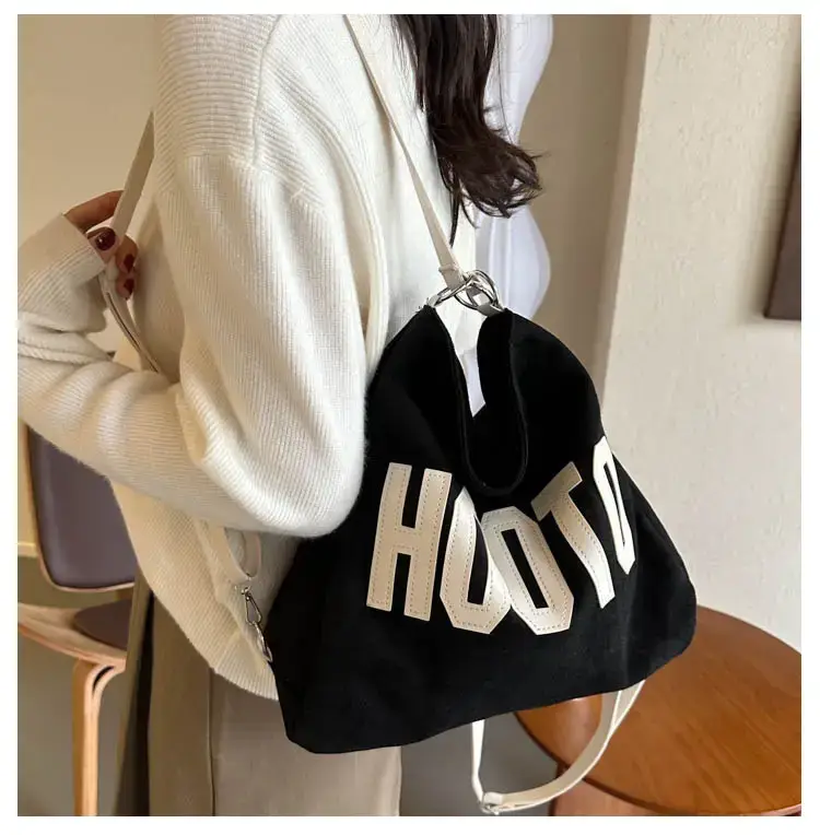 Textured Canvas Shoulder Bag Black White 2023 - Image 7
