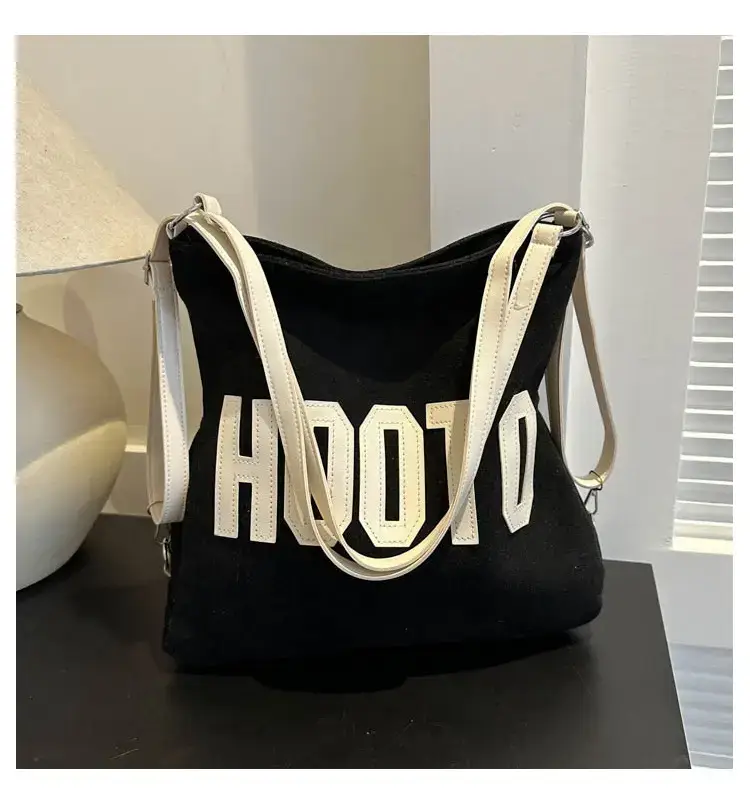 Textured Canvas Shoulder Bag Black White 2023 - Image 2