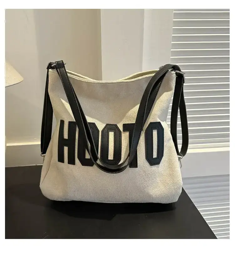 Textured Canvas Shoulder Bag Black White 2023 - Image 3