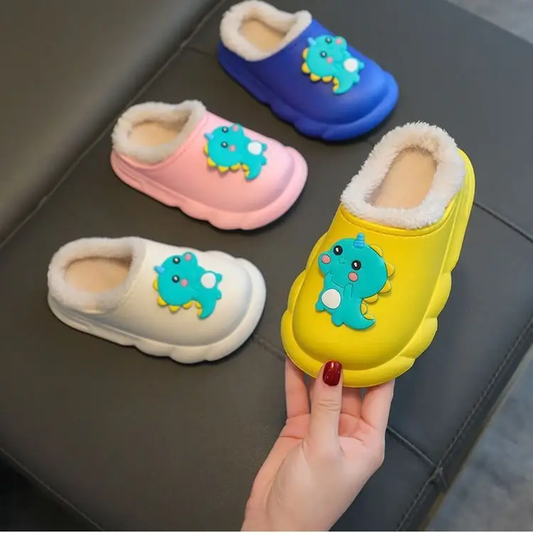 Cute children's waterproof cotton slippers dinosaur cartoon winter fleece-lined warm baby indoor non-slip cotton slippers boys and girls
