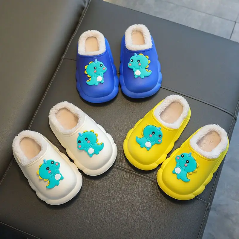 Cute children's waterproof cotton slippers dinosaur cartoon winter fleece-lined warm baby indoor non-slip cotton slippers boys and girls