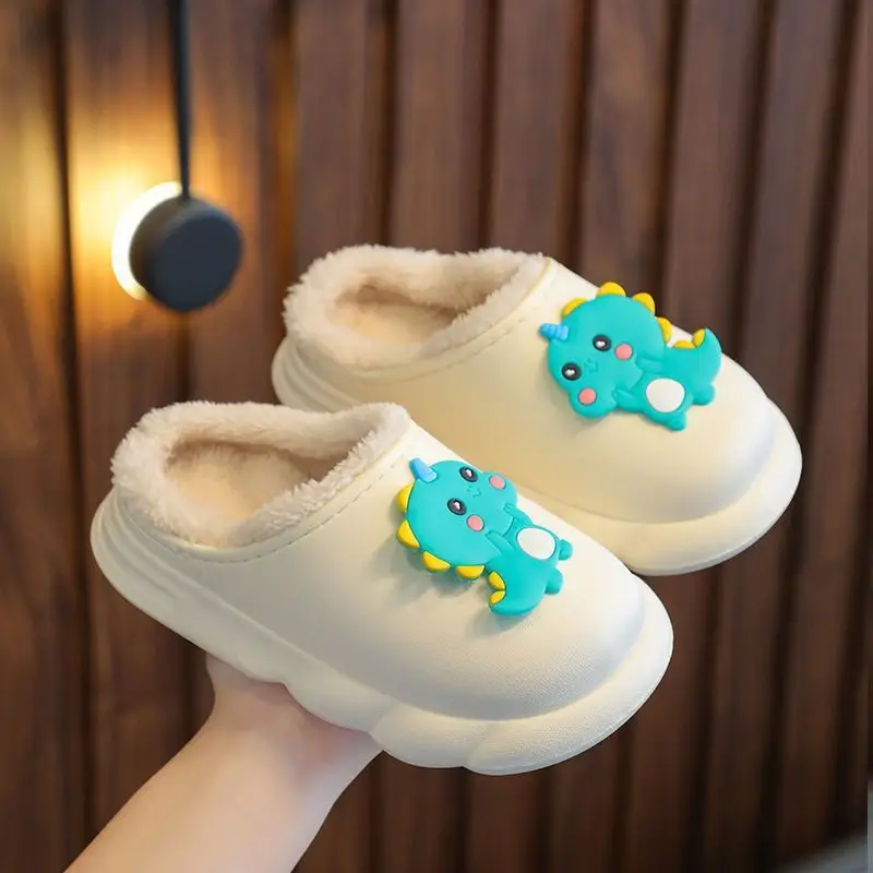 Cute children's waterproof cotton slippers dinosaur cartoon winter fleece-lined warm baby indoor non-slip cotton slippers boys and girls