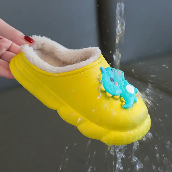 Cute children's waterproof cotton slippers dinosaur cartoon winter fleece-lined warm baby indoor non-slip cotton slippers boys and girls