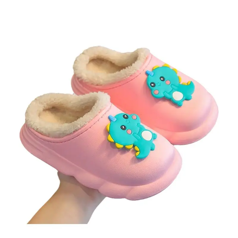 Cute children's waterproof cotton slippers dinosaur cartoon winter fleece-lined warm baby indoor non-slip cotton slippers boys and girls