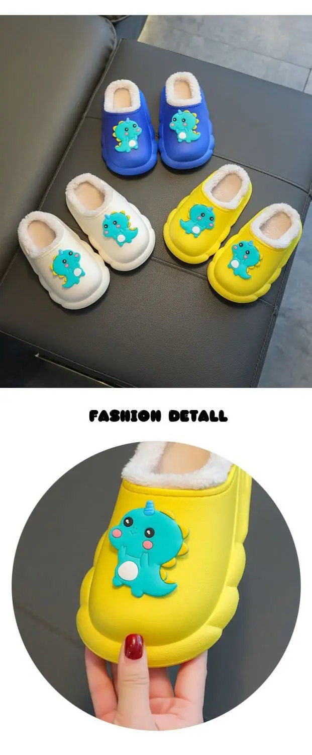 Cute children's waterproof cotton slippers dinosaur cartoon winter fleece-lined warm baby indoor non-slip cotton slippers boys and girls — feature 7