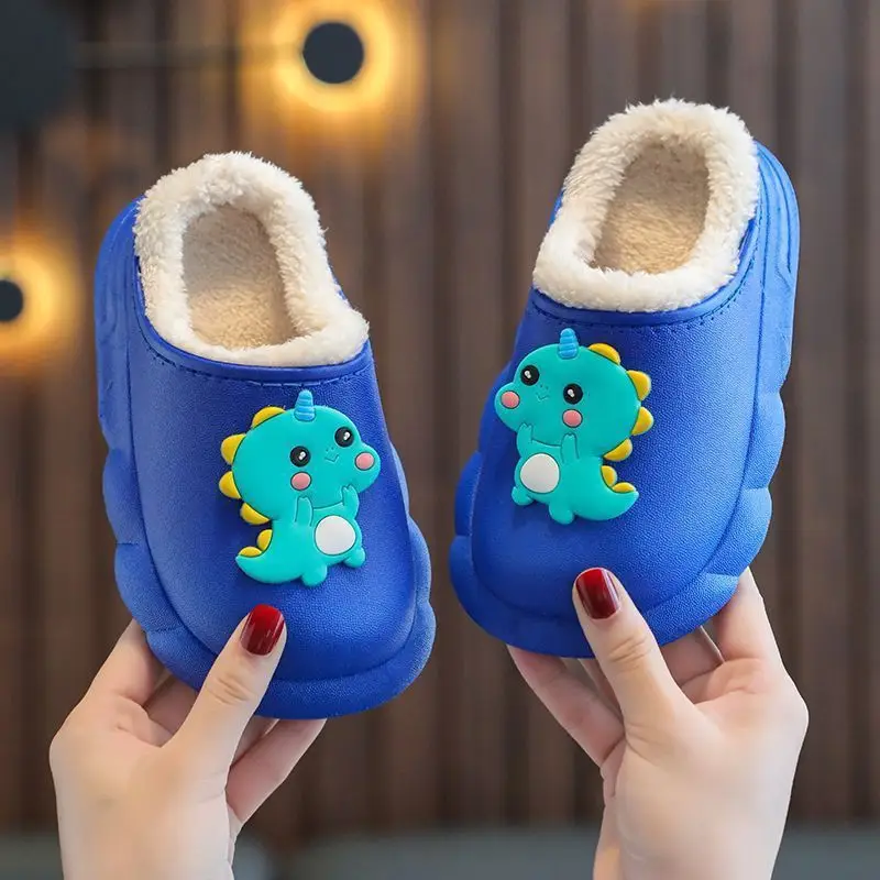Cute children's waterproof cotton slippers dinosaur cartoon winter fleece-lined warm baby indoor non-slip cotton slippers boys and girls