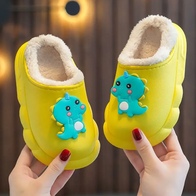 Cute children's waterproof cotton slippers dinosaur cartoon winter fleece-lined warm baby indoor non-slip cotton slippers boys and girls