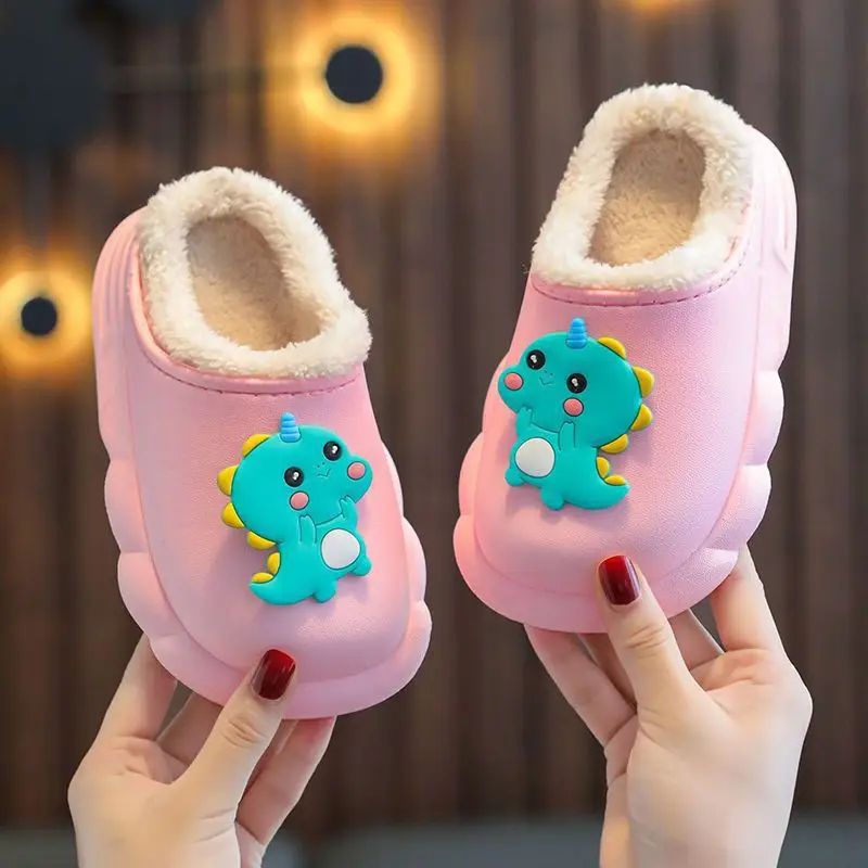 Cute children's waterproof cotton slippers dinosaur cartoon winter fleece-lined warm baby indoor non-slip cotton slippers boys and girls