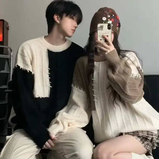 2023 New Couple Dress Korean Loose Sweater Men's Retro Contrast Color Lazy Style All-match Sweater Jacket - Image 5