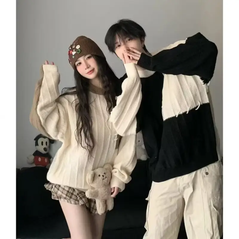 2023 New Couple Dress Korean Loose Sweater Men's Retro Contrast Color Lazy Style All-match Sweater Jacket - Image 6
