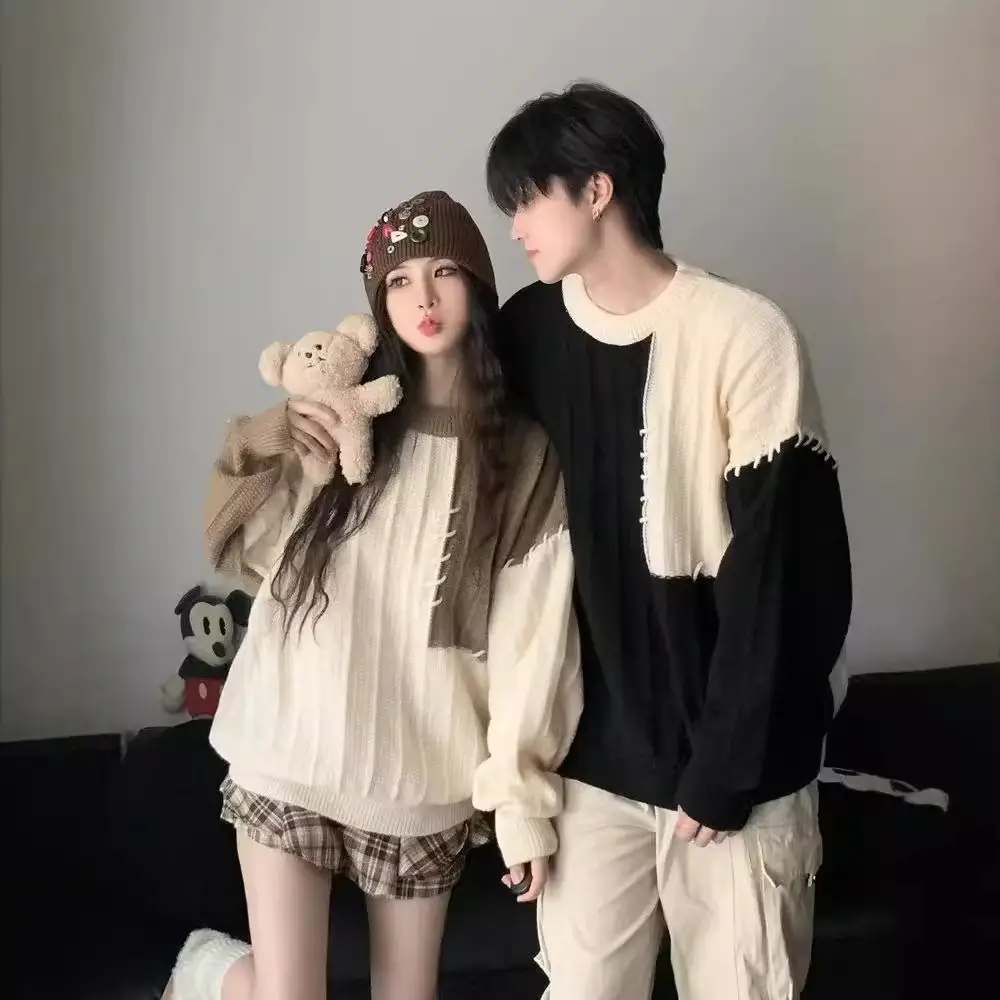 2023 New Couple Dress Korean Loose Sweater Men's Retro Contrast Color Lazy Style All-match Sweater Jacket - Image 7