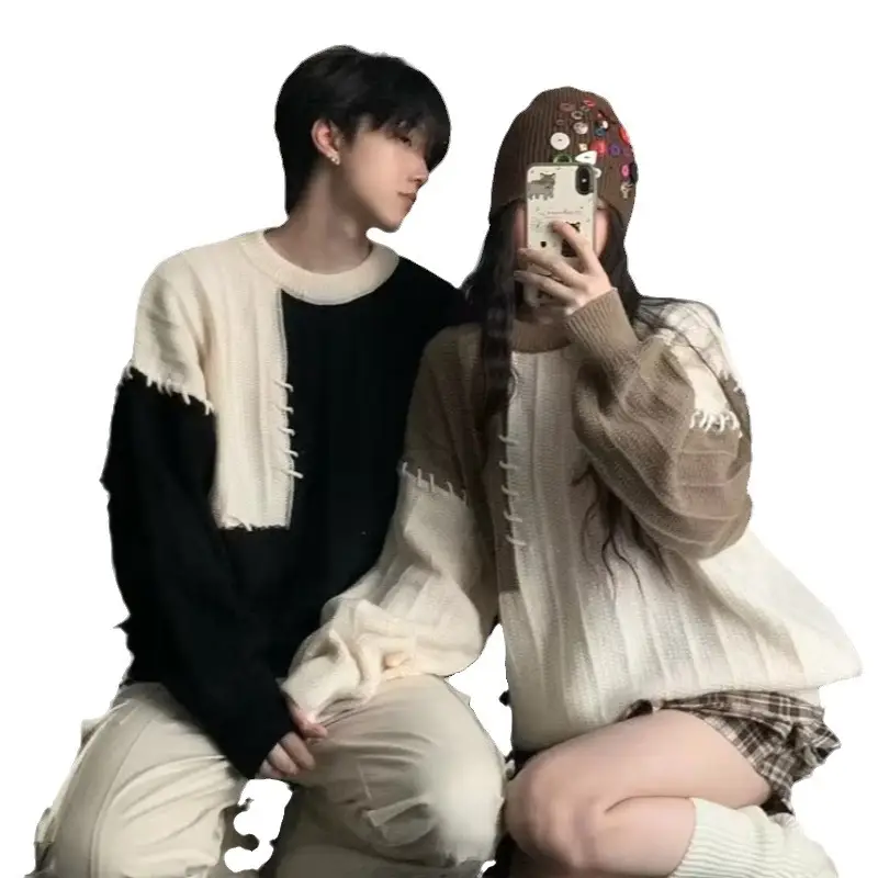 2023 New Couple Dress Korean Loose Sweater Men's Retro Contrast Color Lazy Style All-match Sweater Jacket - Image 8