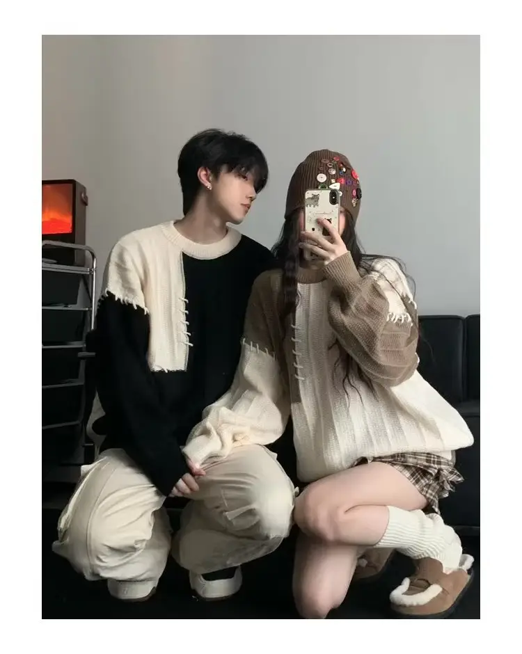 2023 New Couple Dress Korean Loose Sweater Men's Retro Contrast Color Lazy Style All-match Sweater Jacket — feature 10