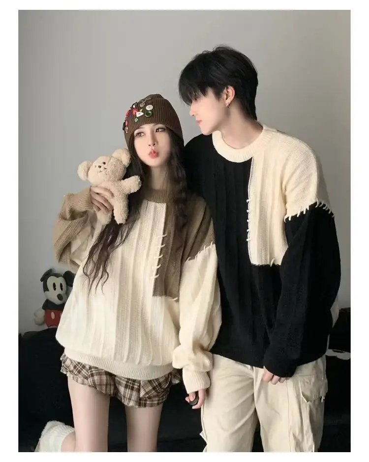 2023 New Couple Dress Korean Loose Sweater Men's Retro Contrast Color Lazy Style All-match Sweater Jacket — feature 11
