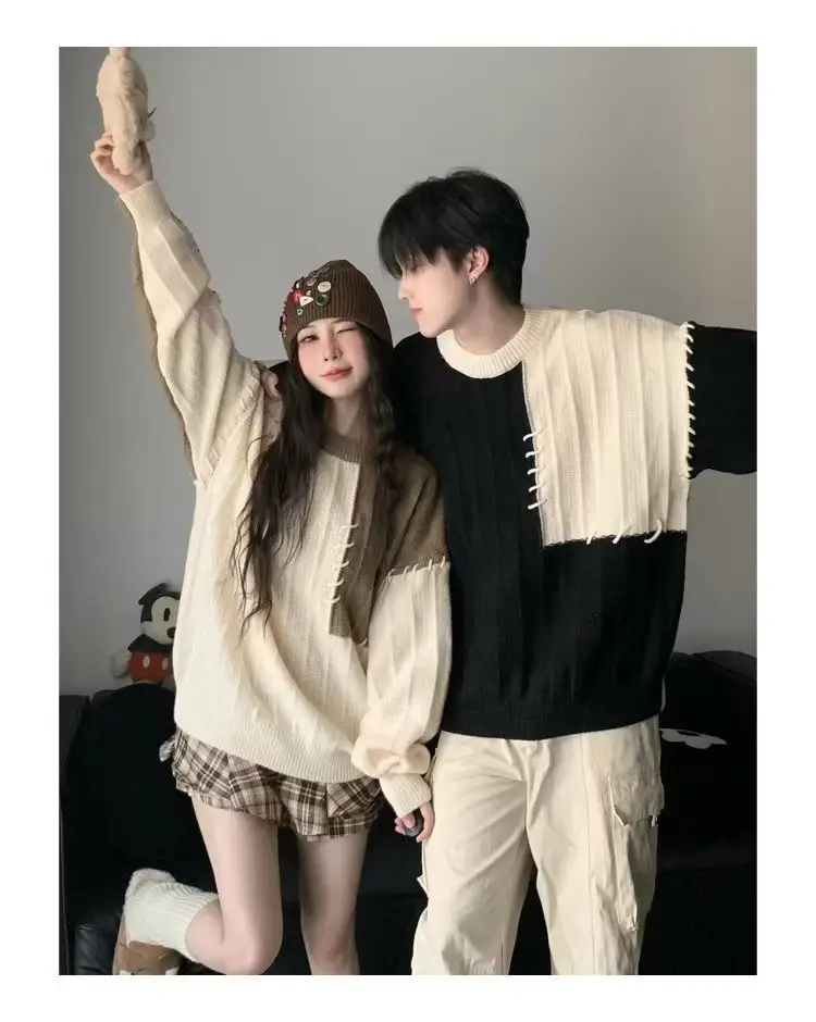 2023 New Couple Dress Korean Loose Sweater Men's Retro Contrast Color Lazy Style All-match Sweater Jacket — feature 12