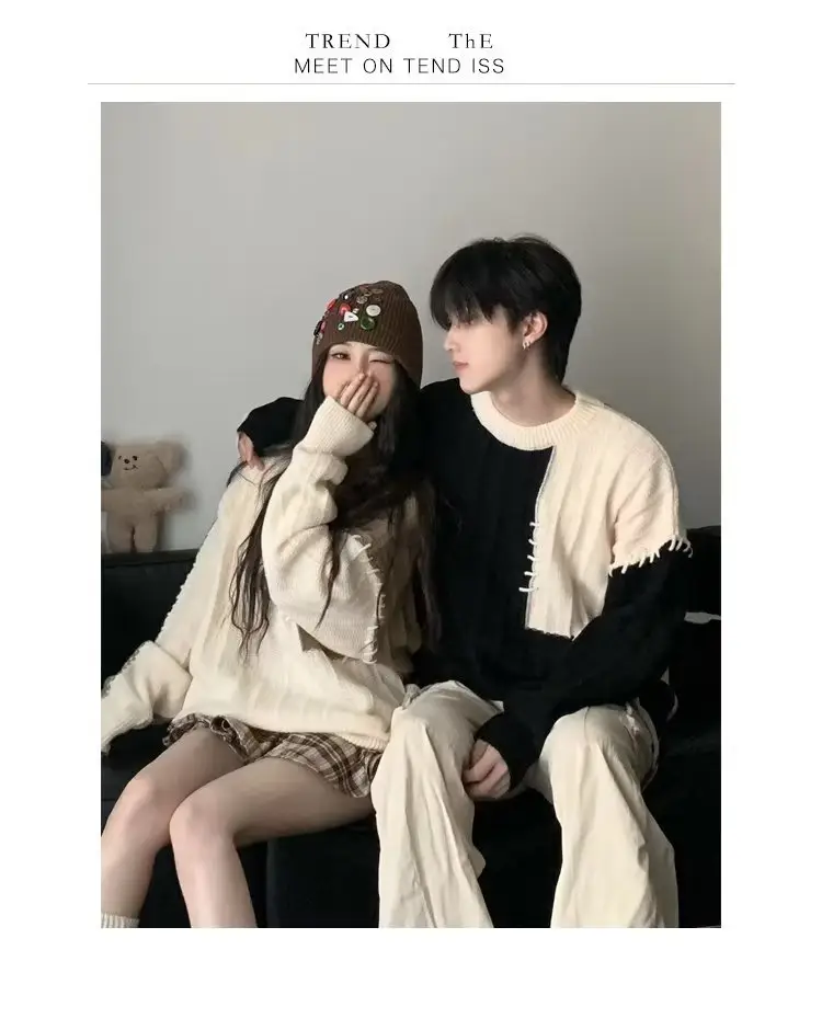 2023 New Couple Dress Korean Loose Sweater Men's Retro Contrast Color Lazy Style All-match Sweater Jacket — feature 13