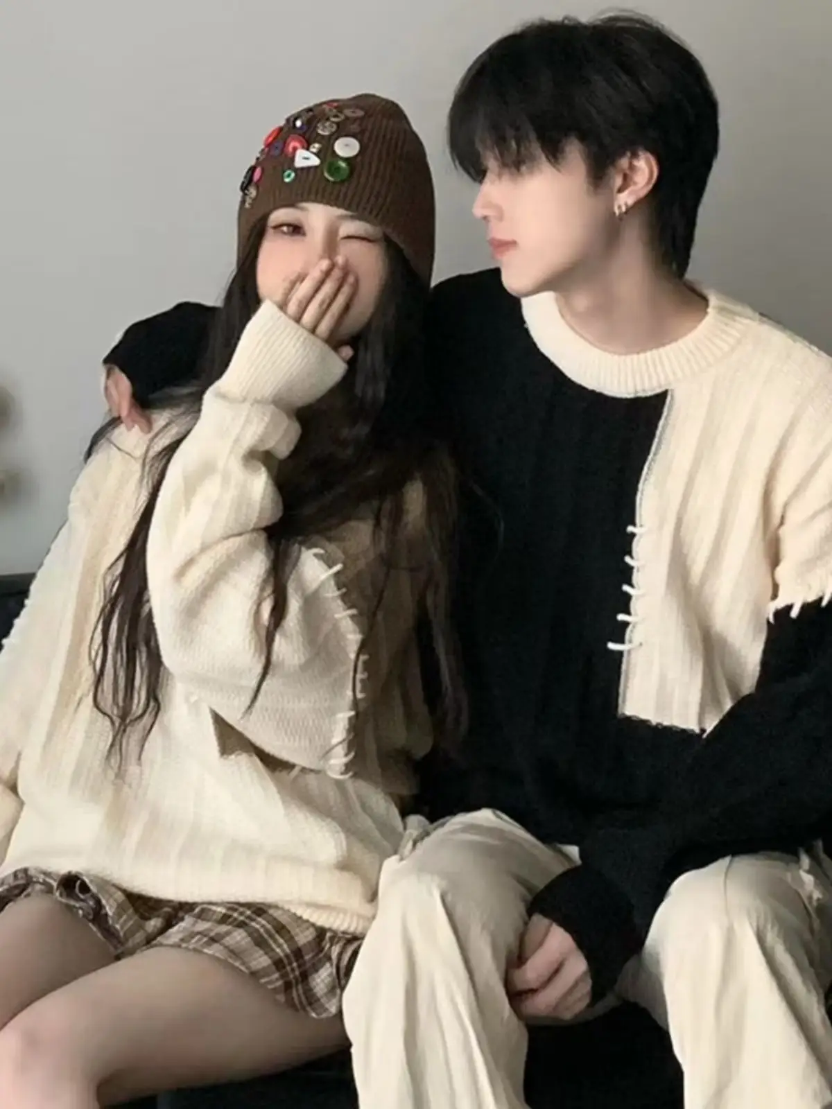 2023 New Couple Dress Korean Loose Sweater Men's Retro Contrast Color Lazy Style All-match Sweater Jacket — feature 4