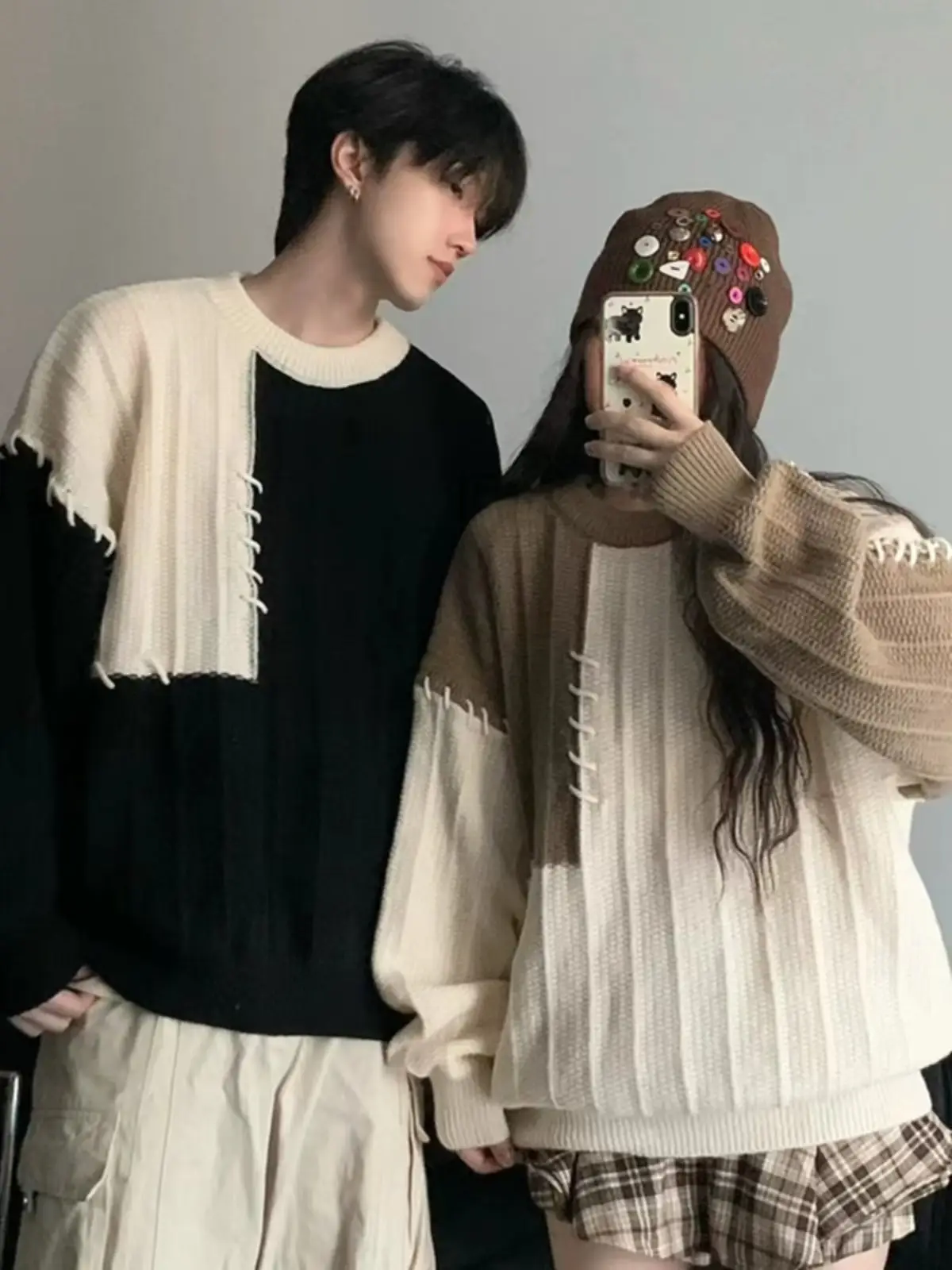 2023 New Couple Dress Korean Loose Sweater Men's Retro Contrast Color Lazy Style All-match Sweater Jacket — feature 7