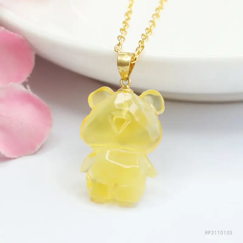 Golden Bear Pendant Necklace with Natural Amber S925 - Image 3