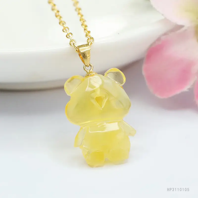 Golden Bear Pendant Necklace with Natural Amber S925 - Image 4